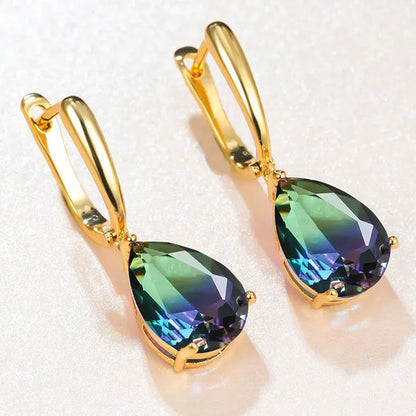 Delicate 18K Gold Waterdrop Cut Aquamarine&Green Purple Bi-colored Tourmaline Gemstone Drop Hook Earrings Bride Engagement Jewelry