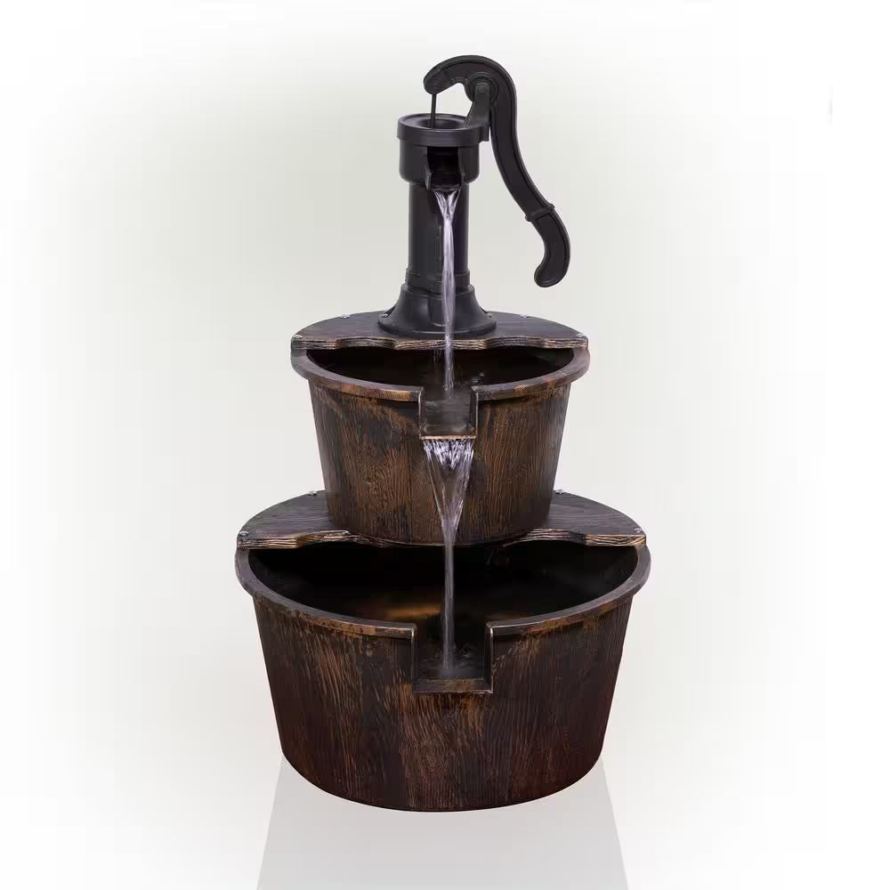 27 In. Tall 2-Tier Barrel and Pump Waterfall Fountain, Bronze Finish