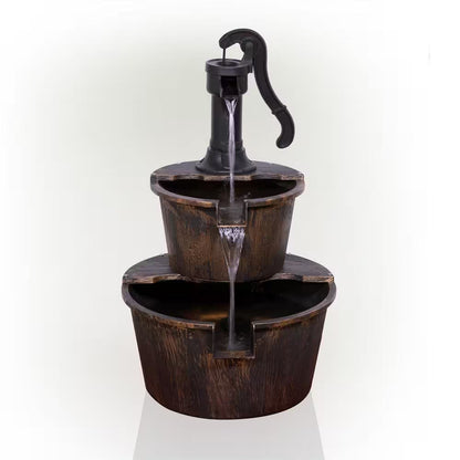 27 In. Tall 2-Tier Barrel and Pump Waterfall Fountain, Bronze Finish