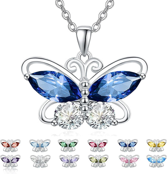 12 Birthstone Butterfly Pendant Necklace for Women 925 Sterling Silver Cubic Zirconia Butterfly Jewelry Christmas Wedding Birthday Gifts for Mom Wife Daughter