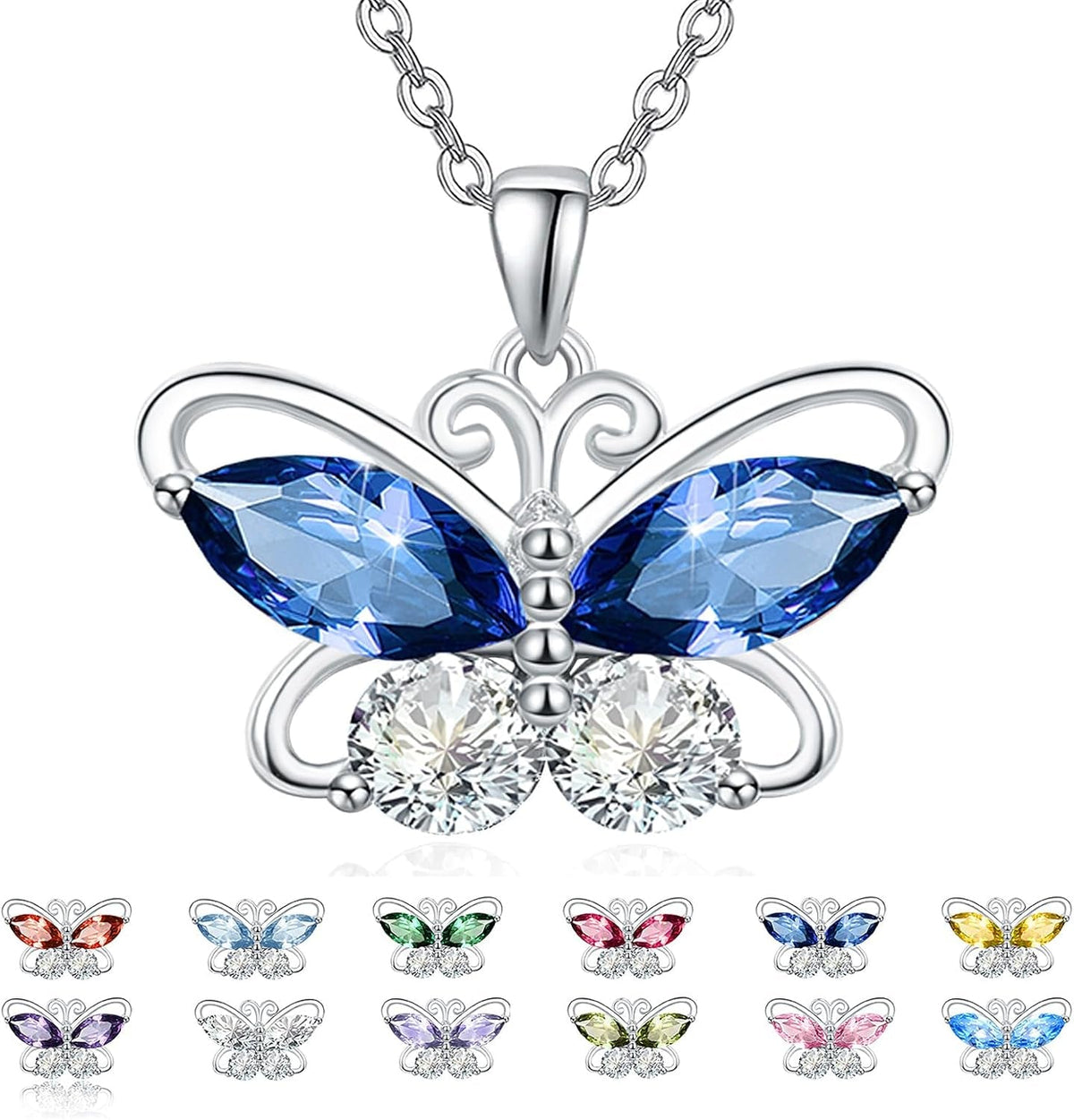 12 Birthstone Butterfly Pendant Necklace for Women 925 Sterling Silver Cubic Zirconia Butterfly Jewelry Christmas Wedding Birthday Gifts for Mom Wife Daughter