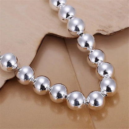 Fashion 925 Sterling Silver 8mm Hollow Smooth Round Beads Necklace Bracelets Set for Women Wedding Engagement Party Jewelry