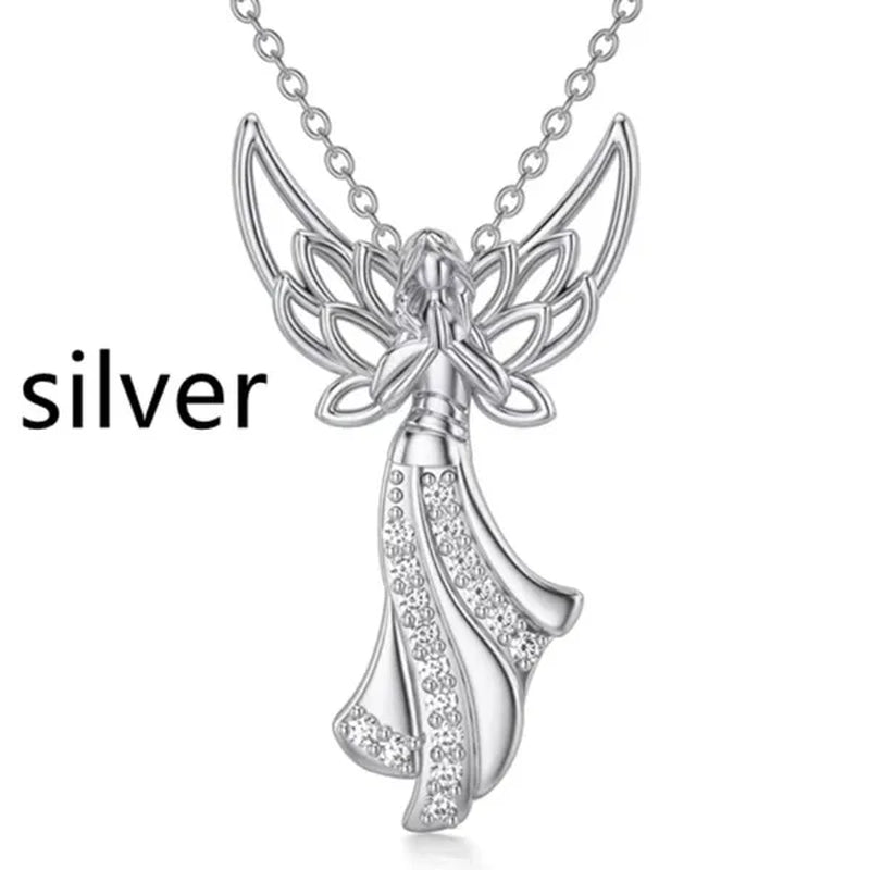 Exquisite Fashion Creative Women Angel Wings Diamond Necklace Holy Faith Angel Princess Pendant Engagement Necklace Women Diamond Jewelry Birthday Party Anniversary Gift Christmas Gift Jewelry Necklace