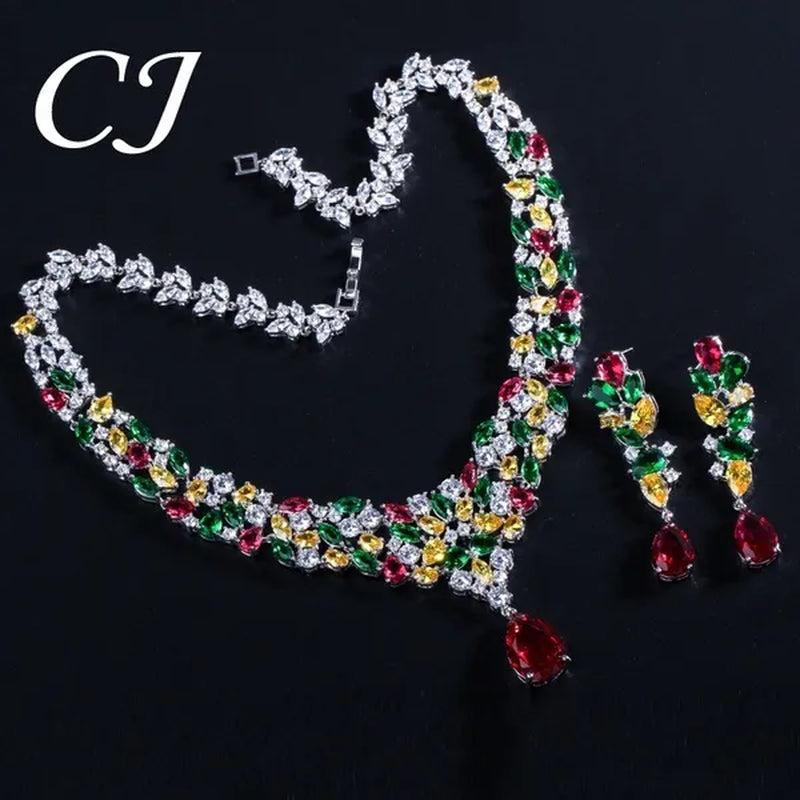 CANDICE Noble Red Crystal Water Drop Pendant Necklace and Dangle Earrings Pave Multi Shape Colorful CZ Stone Women Wedding Party Dress Jewelry Set