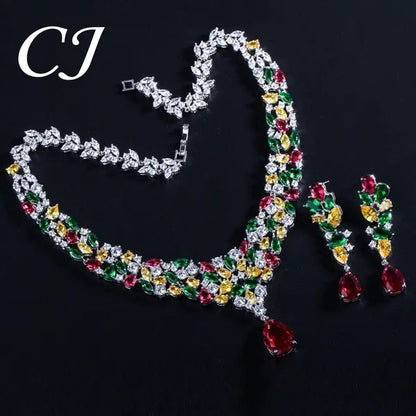CANDICE Noble Red Crystal Water Drop Pendant Necklace and Dangle Earrings Pave Multi Shape Colorful CZ Stone Women Wedding Party Dress Jewelry Set