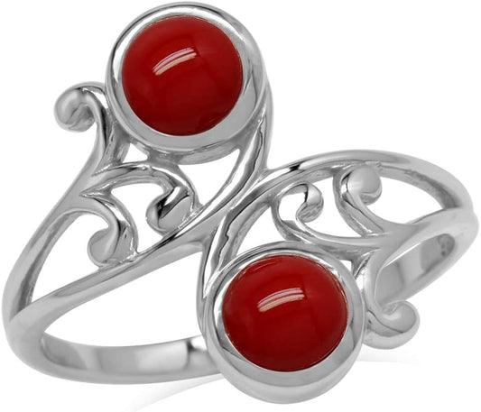 5Mm Created round Shape Red Coral 925 Sterling Silver Leaf and Swirl Style Bypass Ring Size 6