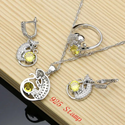 Women 925 Sterling Silver Bridal Jewelry Sets Yellow Topaz Charm Earring Necklace for Women Party Fox Shaped Ring Bracelet Set