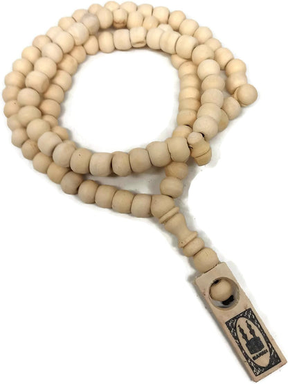 Muslim Wooden Tasbih 99 Rosary Beads Amn081 Printed Picture Tag Islam Prayer Zikr Misbaha Ramadan Gift (Beige)