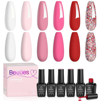 Beetles Gel Nail Polish Set, 6 Retro Colors Old School Collection Soak Off UV Gel Polish Red Yellow Blue Orange Green Gel Polish Nail Art Design Spring Manicure Kit Salon DIY Gifts for Women Girls