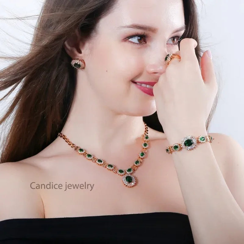 CANDICE Dubai Wedding 4 Pieces Set Elegant Red Zirconia Paved Yellow Gold Plated Engagement Party Ring Earrings Bracelet Necklace Sets For Women