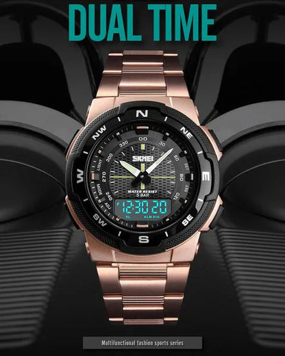 Fashion SKMEI 1370 Men's Digital Watch Outdoor Sports Waterproof Male Business Watches Golden Stainless Steel Wristwatch