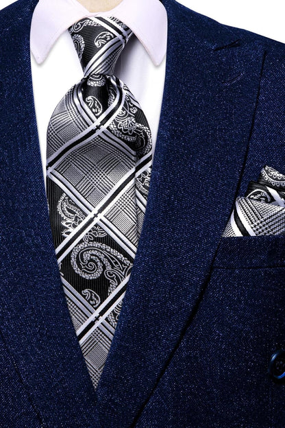 Mens Plaid Ties Classic Paisley Necktie with Handkerchief Cufflinks Set Business Stripe Tie