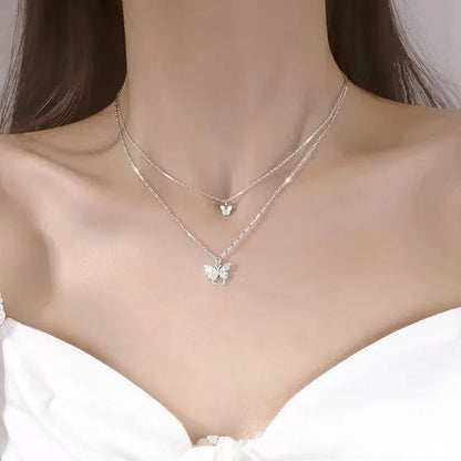 Delicate and Creative Women's Zircon Necklace Butterfly Necklace Double Layer Necklace Women's Geometric Necklace Butterfly Necklace Fashion Women's Jewelry Accessories Festival Wedding Engagement Valentine's Day Anniversary Gift Christmas Gift Jewelry