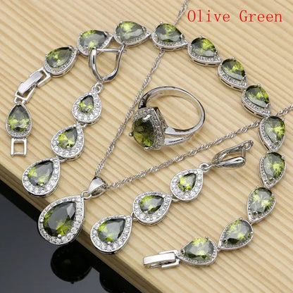 Water Drop 925 Sterling Silver Jewelry Red Ruby White Topaz Jewelry Sets Women Earrings/Pendant/Necklace/Rings/Bracelet