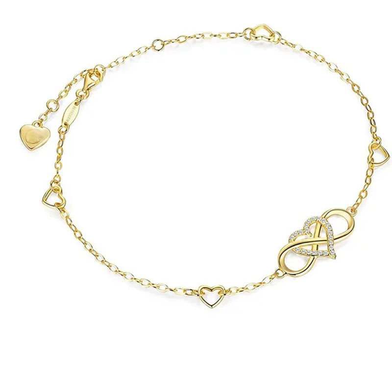 Exquisite Fashion Womens Ankle Bracelet 925 Sterling Silver Anklet Cubic Zirconia Infinity Heart Summer Beach Stylish Chain Adjustable Gift for Women