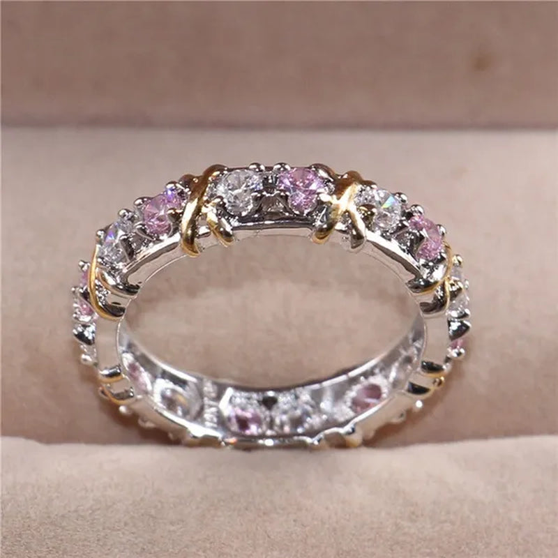 Brand Jewelry Lady's 925 Sterling Silver pink Tanzanite Couple rings Yellow Gold Cross Eternal Wedding Ring for Women