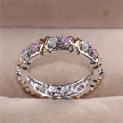 Brand Jewelry Lady's 925 Sterling Silver pink Tanzanite Couple rings Yellow Gold Cross Eternal Wedding Ring for Women