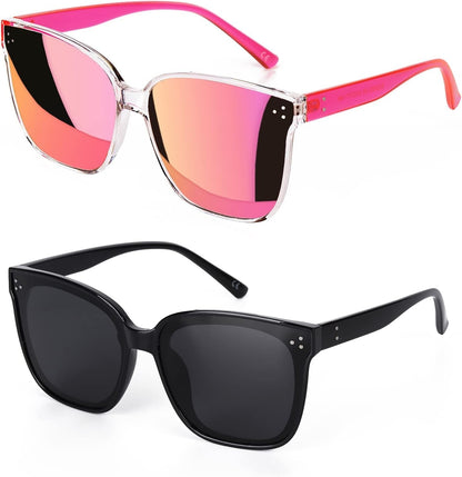 Sunglasses Womens, Oversized Pink Sunglasses for Women with Trendy Mirrored Lens UV400 Blocking
