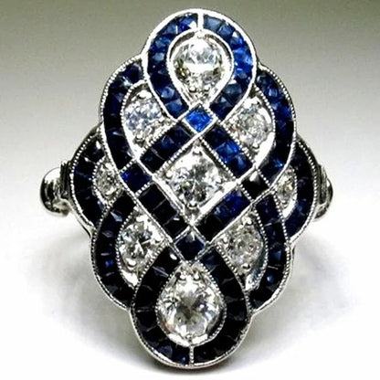 Gorgeous Antique Art Deco Large 925 Italia Style Retro Jewelry Sterling Silver Blue Sapphire & Diamond Ring Natural Gemstone Birthstone Floral Jewelry Vintage Rings