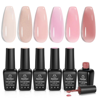 Beetles Gel Nail Polish Set, 6 Colors Jelly Gel Polish Nude Pink Gel Neutral Nail Art Design Translucent Gel Nail Kits Soak Off Uv Nail Lamp Cured Nail Manicure DIY Home for Women