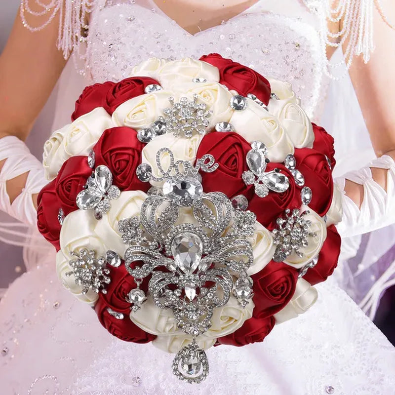 21CM Shiny Silver Rhinestone Brooch Bridal Bouquet Handmade Silk Rose Ribbon Diamond Wedding Flower Bouquet Bridesmaid Holding Flowers