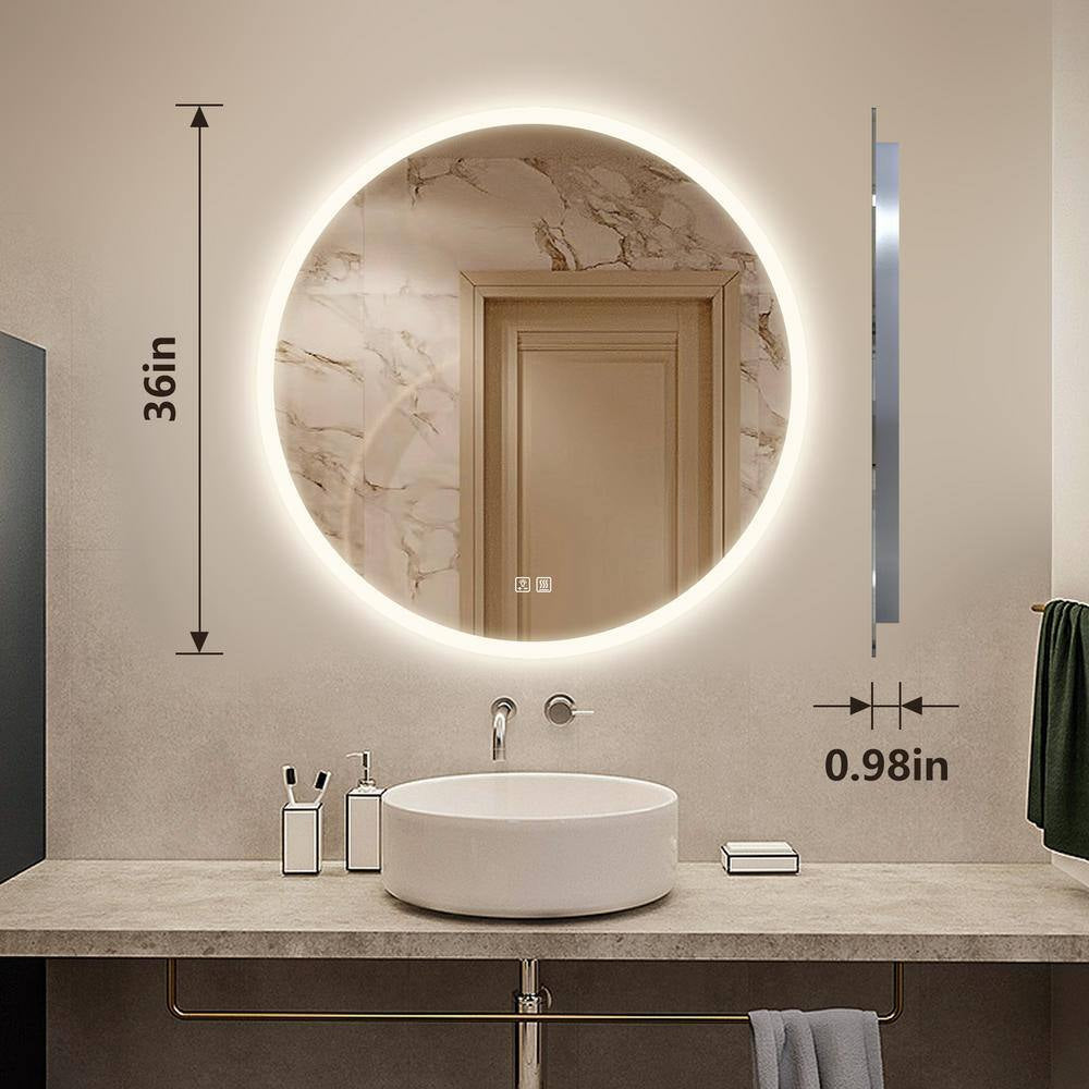 36 In. W X 36 In. H round Frameless LED Light with 3-Color and Anti-Fog Frosted Edge Wall Mounted Bathroom Vanity Mirror