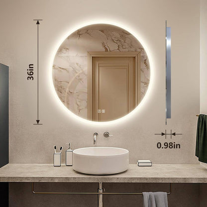 36 In. W X 36 In. H round Frameless LED Light with 3-Color and Anti-Fog Frosted Edge Wall Mounted Bathroom Vanity Mirror
