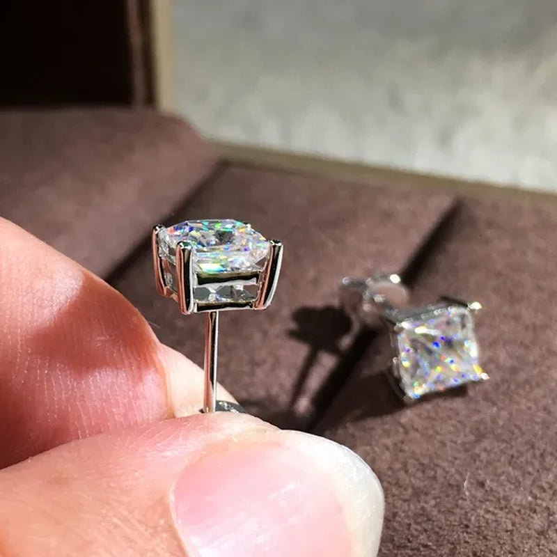 Fashion 18K White Gold Princess Cut Moissanite White Diamond Stud Earrings 4mm/5mm/6mm/7mm