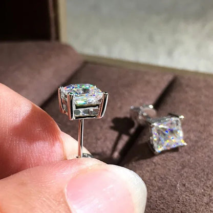 Fashion 18K White Gold Princess Cut Moissanite White Diamond Stud Earrings 4mm/5mm/6mm/7mm