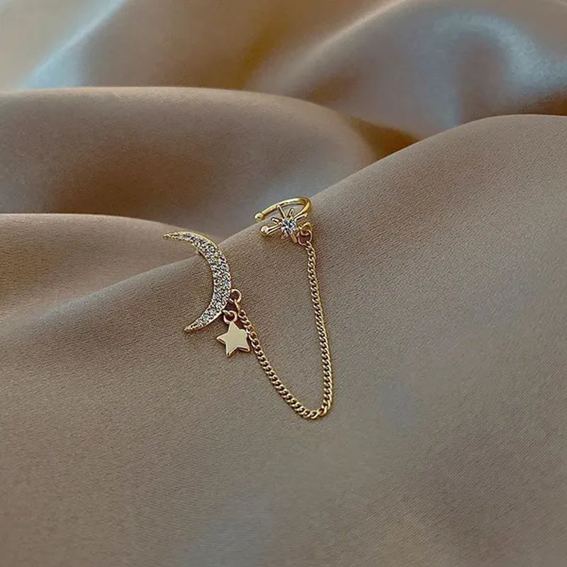New Simple Moon Star Rhinestone Long Chain Earrings Shining Sun Crescent Geometric Tassel Piercing Earrings Ear Bone Clip Jewelry