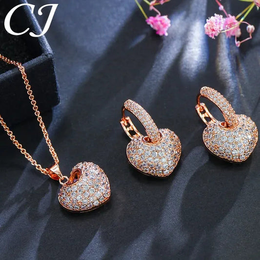 CANDICE Gorgeous Party Jewelry Set Full Micro Pave Tiny Cubic Zirconia Rose Gold Plated Love Heart Pendant Necklace Earrings For Women Gift