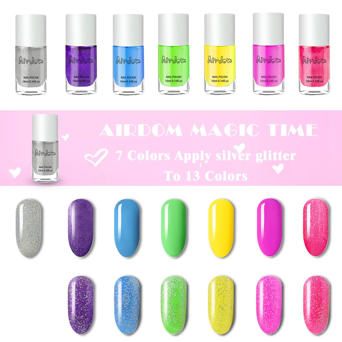 Kids Nail Polish Set- Non-Toxic Water-Based Odorless Peel off Natural Safe Nail Polish Set Quick Dry Nail Polish Gifts Toys Kit for Girls Kids Toddlers (7 Color + 1 Top&Base Coat)