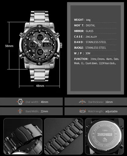 Fashion SKMEI 1389 Top Luxury Brand Stainless Steel Strap Wrist Watch Sport Countdown Watches