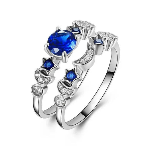 Romantic Moon and Stars Engagement Ring Set 925 Sterling Silver CZ Blue Sapphire Diamond Promise Rings Fashion Cocktail Party Jewelry Bridal Wedding Band Size 6-10