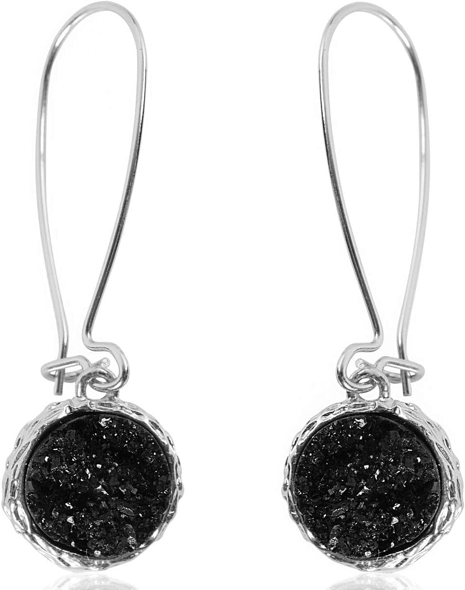 Humble Chic Simulated Druzy Threader Drop Earrings for Women - Gold, Silver, or Rose Gold Tone Trendy Boho Dangles with Sparkly Round Stone