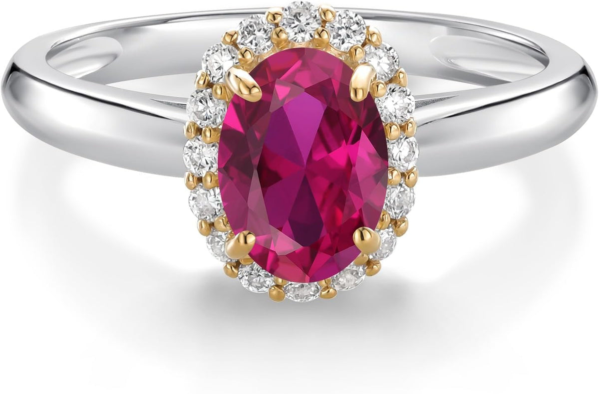 Halo Engagement Ring for Women in 10K White and Yellow Gold with 7X5MM Oval Gemstone Birthstone and White Lab Grown Diamond | Available in Size 5, 6, 7, 8, 9