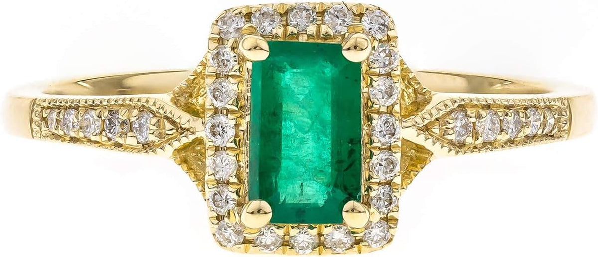 10K Yellow Gold Natural Zambian Emerald Ring with Natural Diamonds for Women | Ethically, Authentically & Organically Sourced Emerald-Shape Emerald Hand-Crafted Jewelry for Her | Emerald Ring for Women