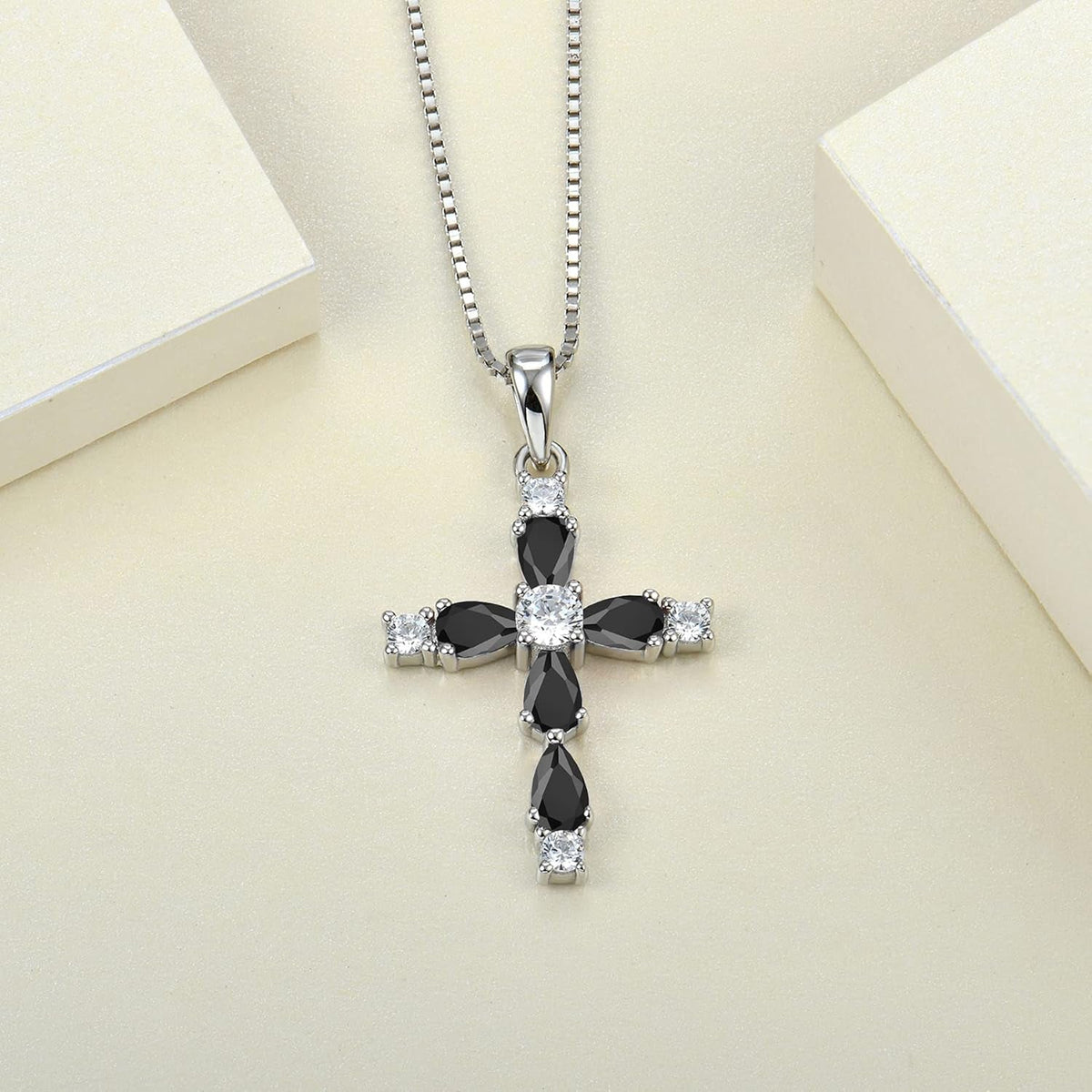 Cross Necklace for Women 925 Sterling Silver Halo Gemstone Pendant Birthstone Religious Jewelry for Mom