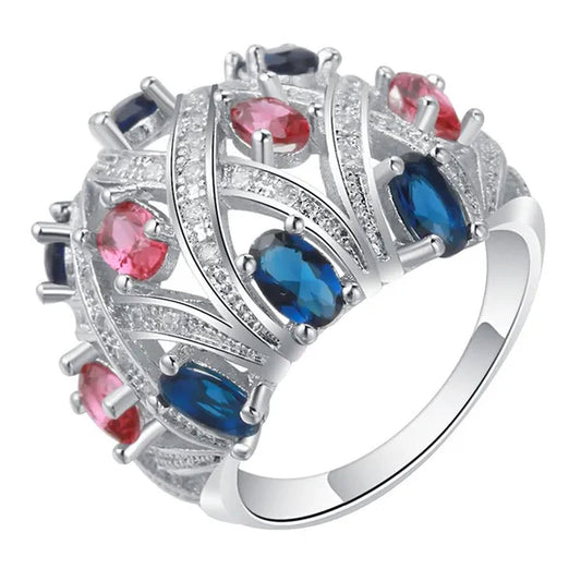 Silver Natural stones Ruby and Emerald and Sapphire White Sapphire Wedding Birthstone Bride Engagement Ring Jewelry
