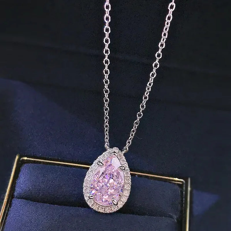Bridal Wedding Necklace Jewelry 4 Claw Setting Waterdrop Cut Citrine Pink Gemstone Side Stone Lab Diamond Silver Plated Necklace for Women