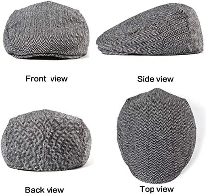 2Pack Adjustable Newsboy Hats for Men Flat Cap Irish Cabbie Wool Blend Tweed