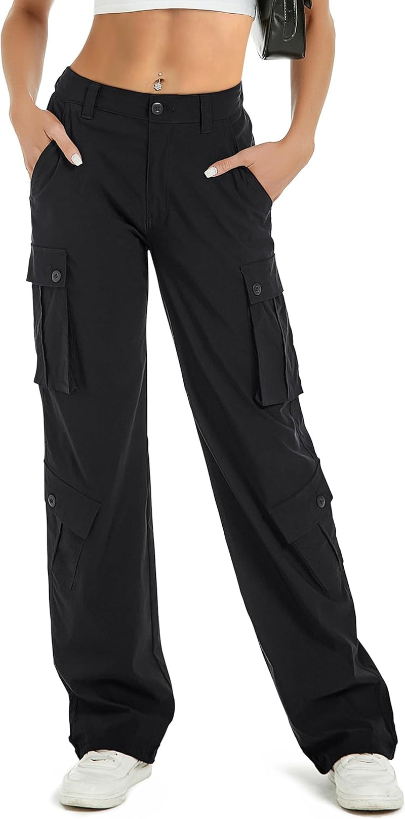 Women Pants High Waisted Cargo Pants Combat Military Wide Leg Casual Trousers 8 Pockets