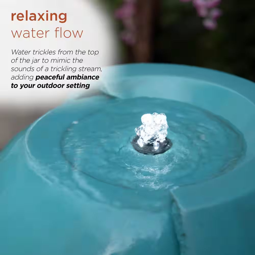 33 In. Tall Water Jar Fountain with LED Light, Turquoise