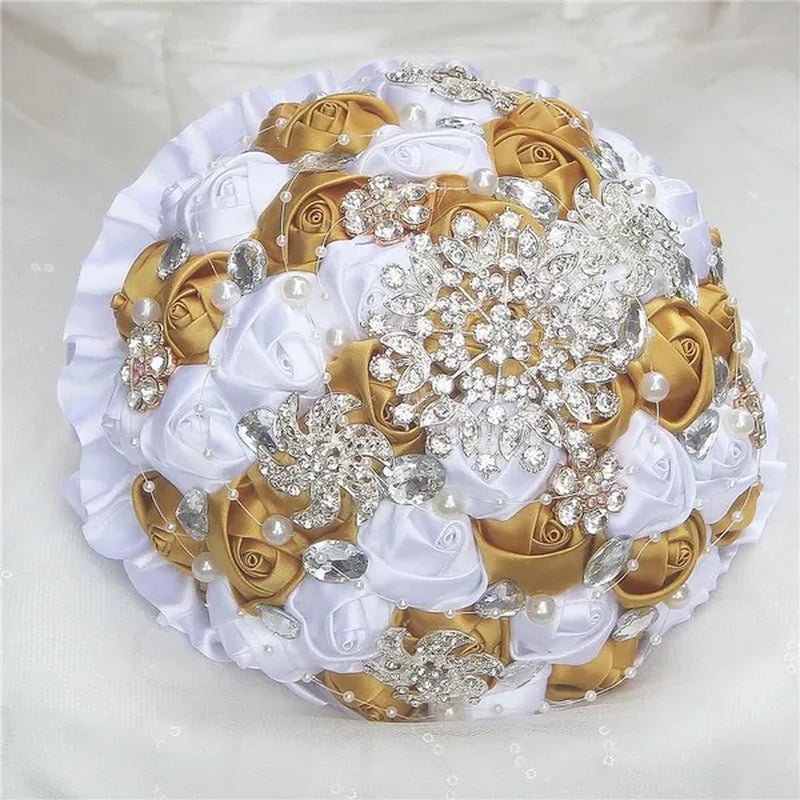 Bride wedding bouquet ivory gold rose flower crystal brooch bouquet flowers Diameter 18CM