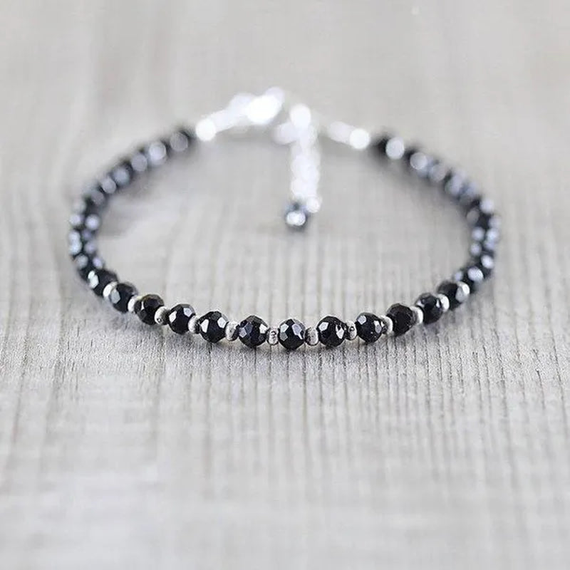 Black Spinel, Sterling & Karen Hill Tribe Silver Bracelet Boho Beaded Gemstone Bracelet Dainty Stacking Bracelet