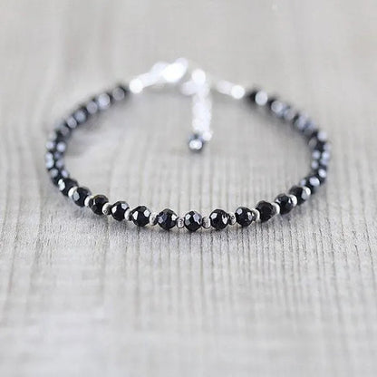 Black Spinel, Sterling & Karen Hill Tribe Silver Bracelet Boho Beaded Gemstone Bracelet Dainty Stacking Bracelet