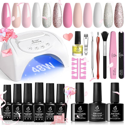 Beetles Gel Nail Polish Kit with 48W light 18 Pcs Gel Starter Kit,6 colors Nude Pink French White Glitter Gel Polish Soak Off Base Top Coat Gel Art Manicure Kit