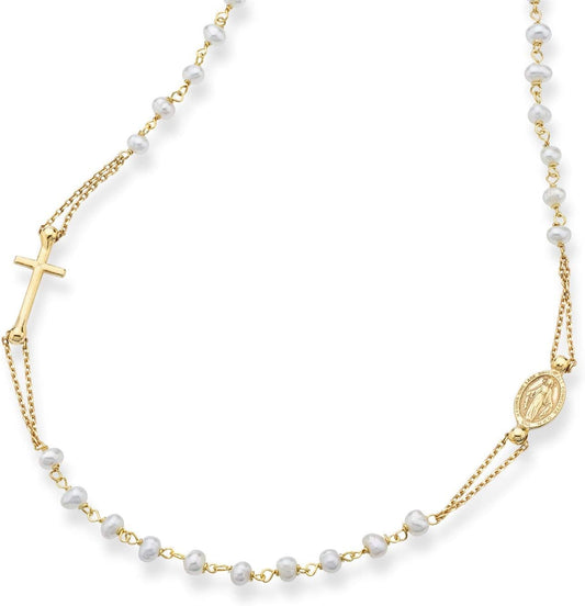 18K Gold over 925 Sterling Silver Handmade Italian White Freshwater Pearl Ball Beaded Sideways Rosary Cross Necklace for Women, Made in Italy