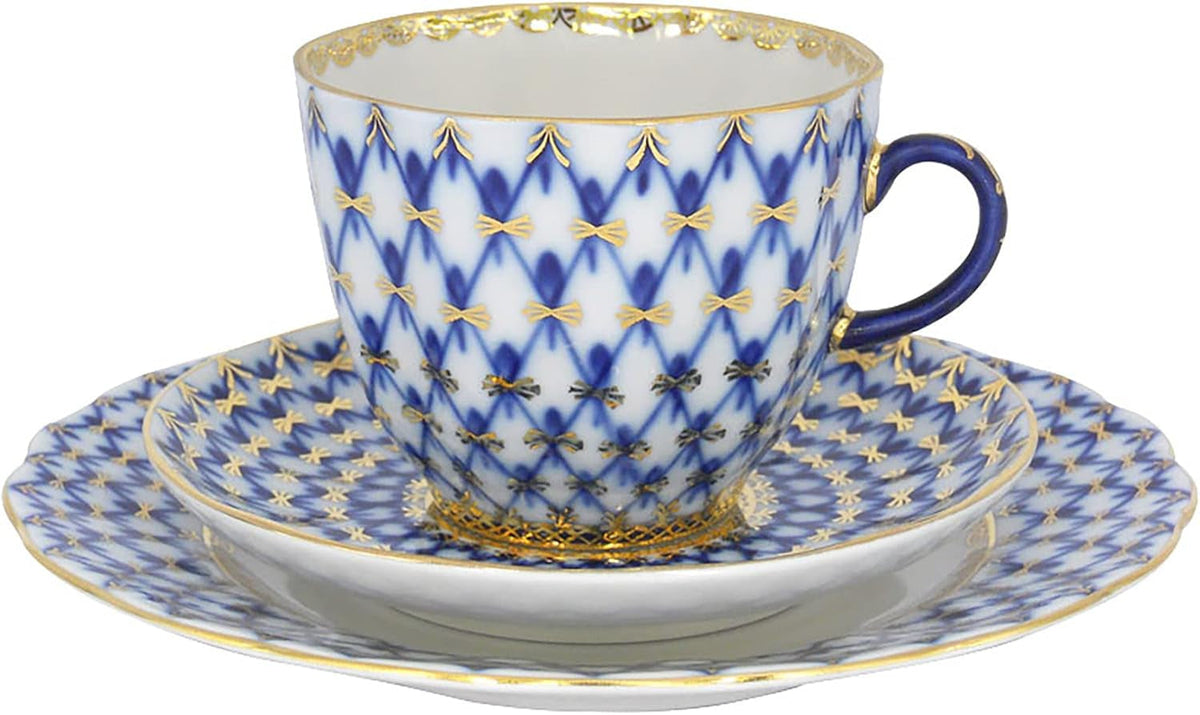 Lomonosov Porcelain Cobalt Net Coffee Cup and Saucer 3Pc.