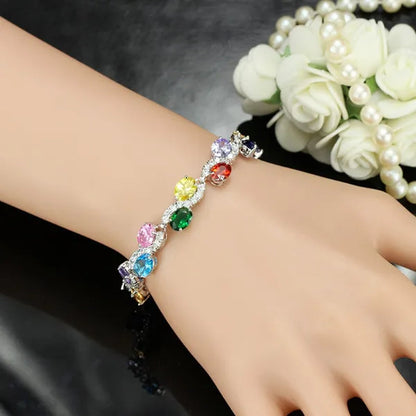 CANDICE Brilliant Multicolor Cubic Zirconia Crystal Pave Setting S Shaped Silver Plated Tennis Bracelets Bangles for Women New Summer Jewelry